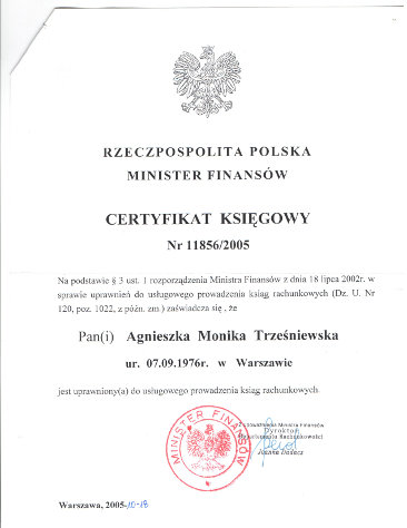 Certyfikat księgowy Ministra Finansów